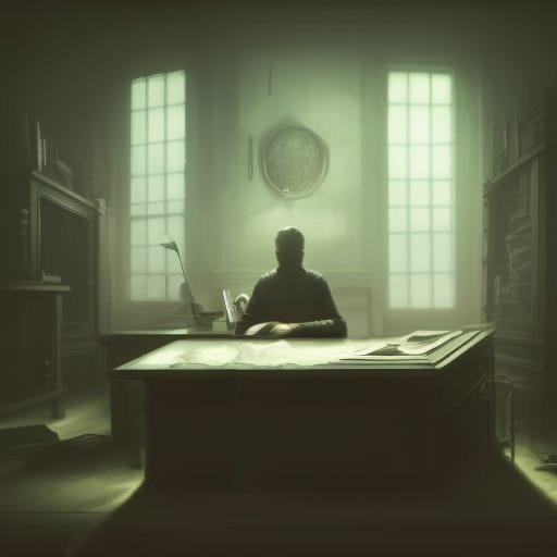 A silhouette of a man sitting behind a desk in a darkened room