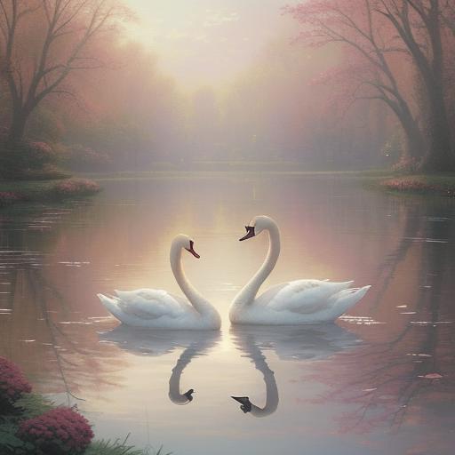 Two swans float gracefully on a boating lake