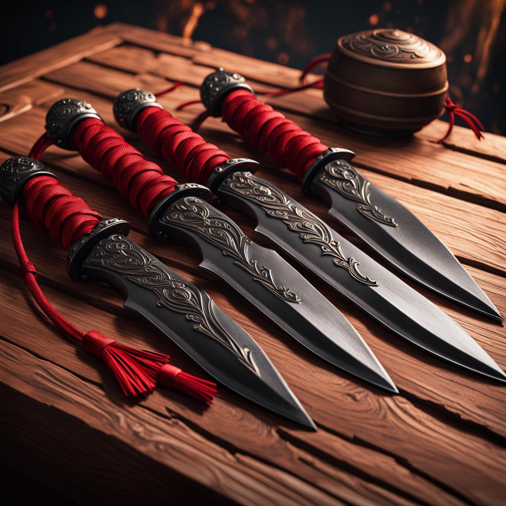 several throwing knives with red tassels lying on a wooden table